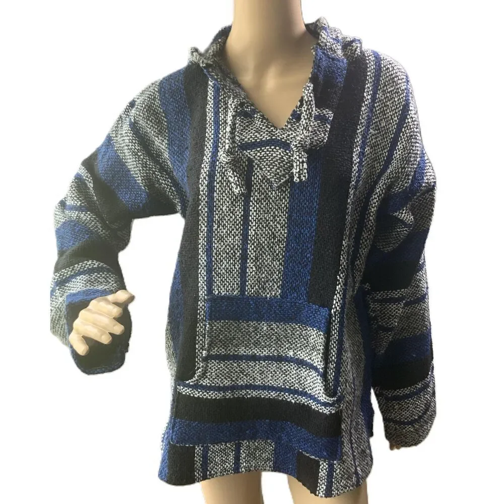 Roxy Blue Striped Hooded Drawstring Baja Sweater Indie Aesthetic Unisex Size Med